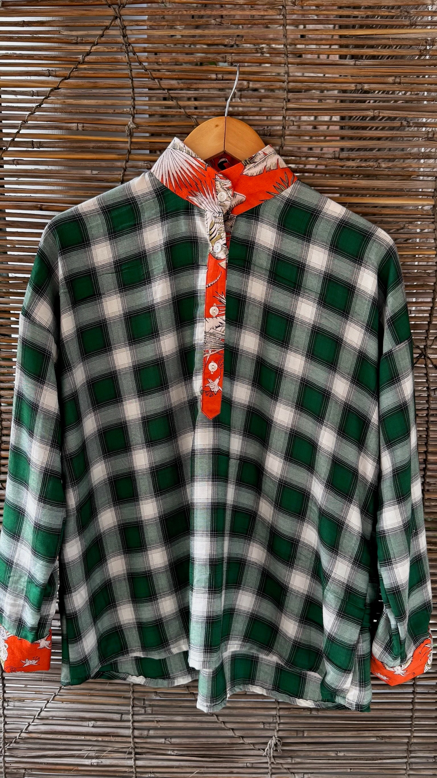 Blouse artisanale unique en coton – Tartan vert & blockprint indien orange