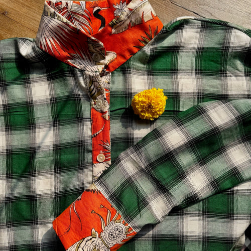 Blouse artisanale unique en coton – Tartan vert & blockprint indien orange