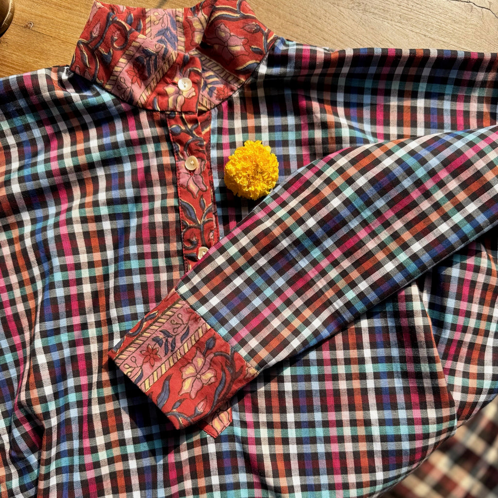 Blouse artisanale unique en coton – Tartan rouge et bleu & blockprint indien