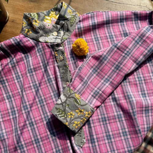 Blouse artisanale unique en coton – Tartan rose & blockprint indien gris