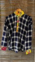 Blouse artisanale unique en coton – Tartan bleu & blockprint indien jaune