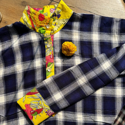 Blouse artisanale unique en coton – Tartan bleu & blockprint indien jaune