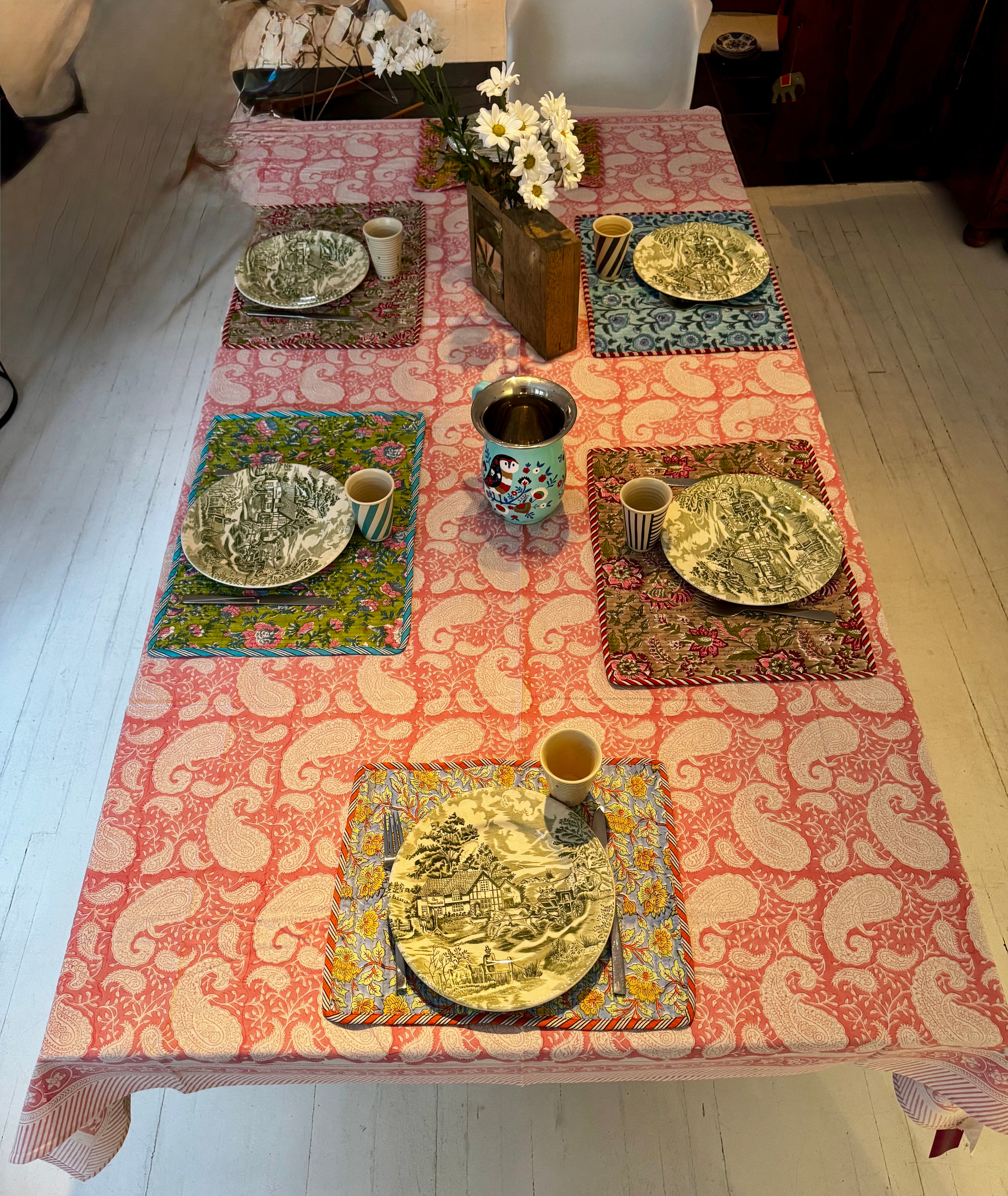 Nappe rectangulaire en coton blockprint motif paisley rose 1,50 X 2,25 m