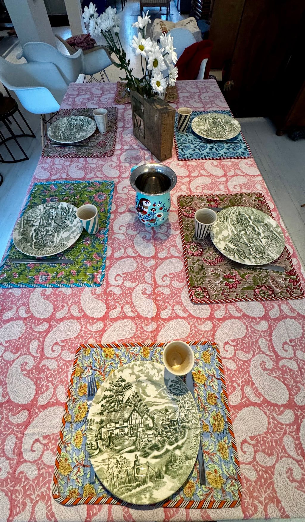 Nappe rectangulaire en coton blockprint motif paisley rose 1,50 X 2,25 m