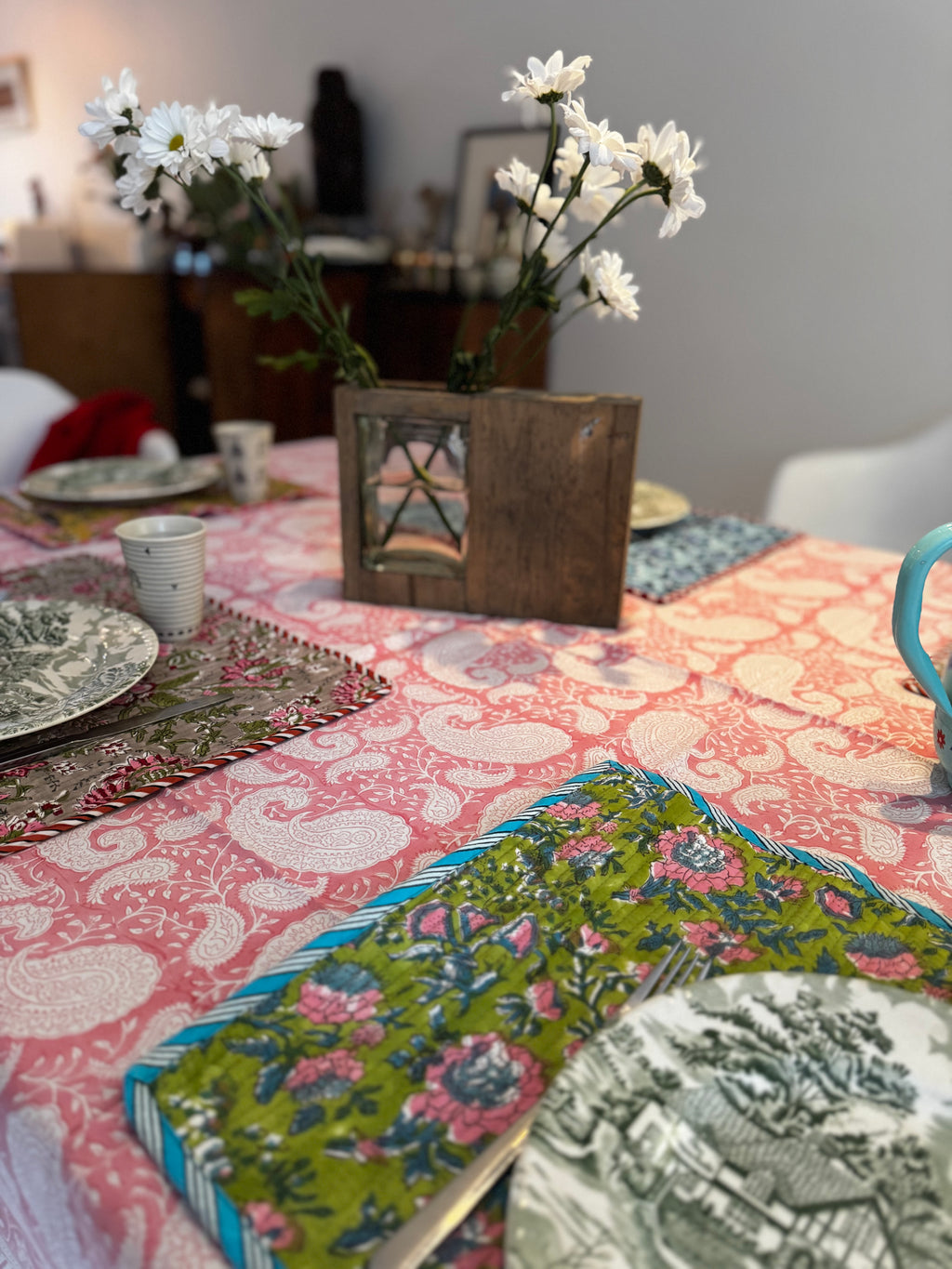 Nappe rectangulaire en coton blockprint motif paisley rose 1,50 X 2,25 m