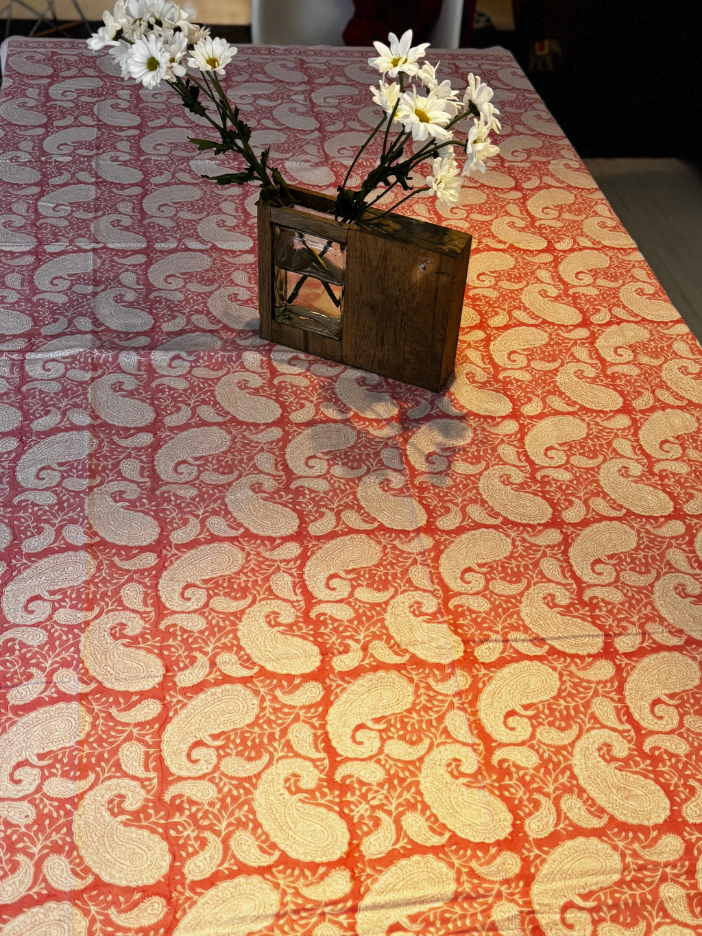 Nappe rectangulaire en coton blockprint motif paisley rose 1,50 X 2,25 m