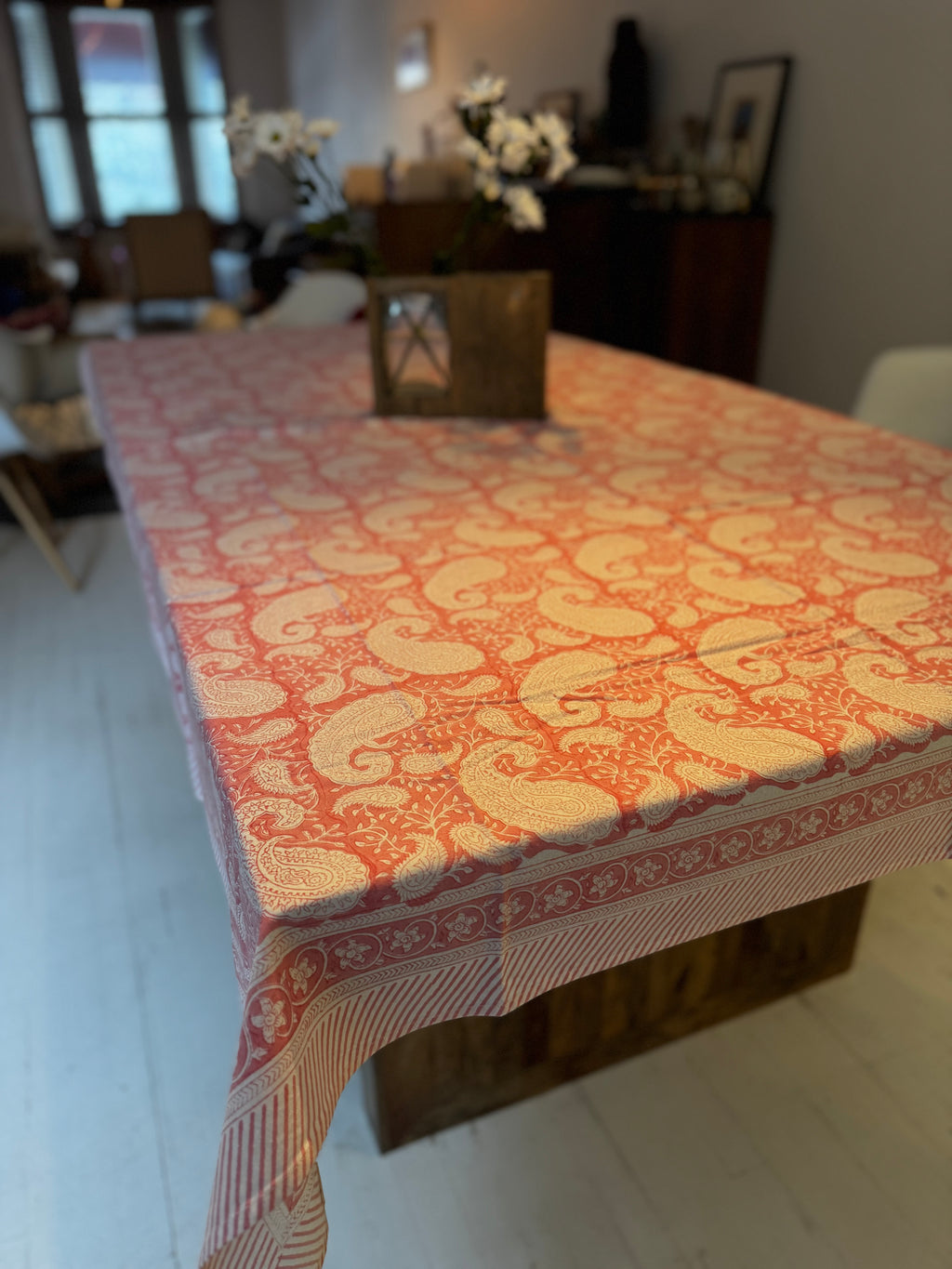 Nappe rectangulaire en coton blockprint motif paisley rose 1,50 X 2,25 m