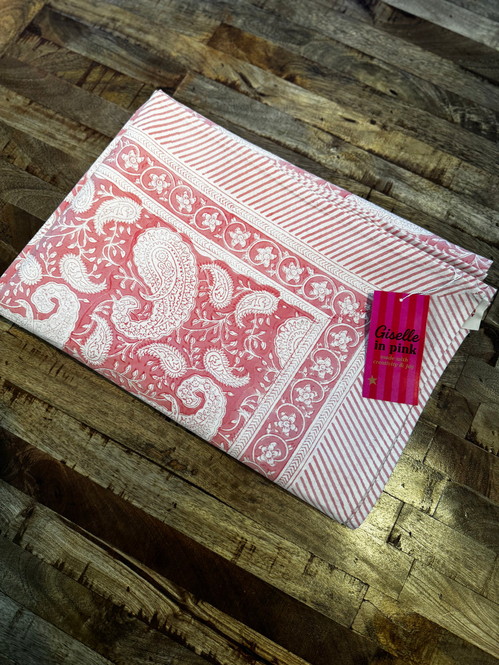 Nappe rectangulaire en coton blockprint motif paisley rose 1,50 X 2,25 m