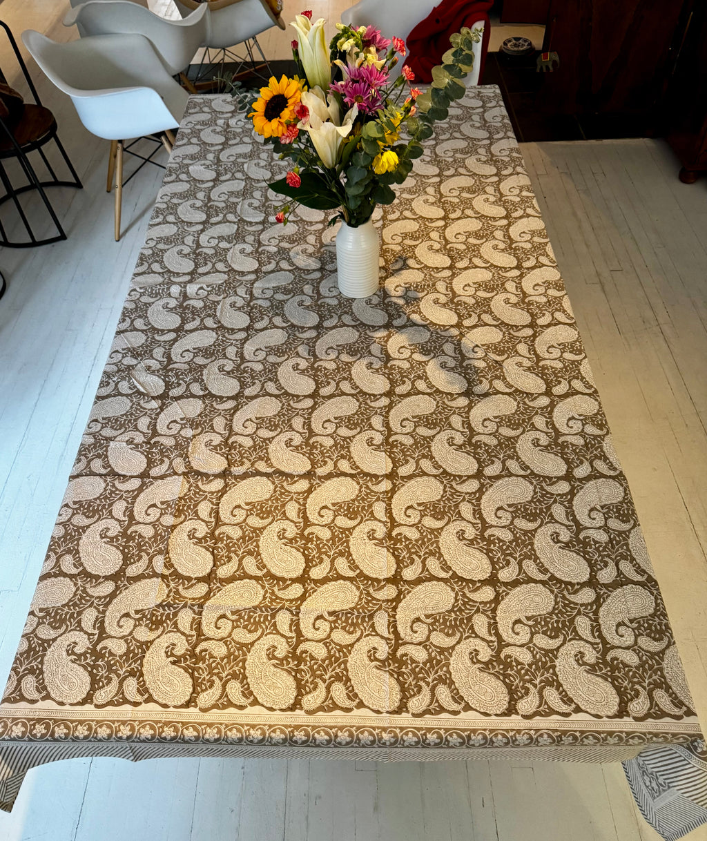 Nappe rectangulaire en coton blockprint motif paisley beige 1,50 X 2,25 m