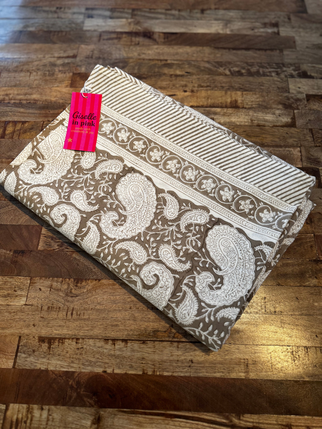 Nappe rectangulaire en coton blockprint motif paisley beige 1,50 X 2,25 m
